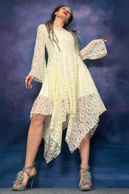 ASİMETRİK DANTEL İSPANYOL KOL ELBİSE