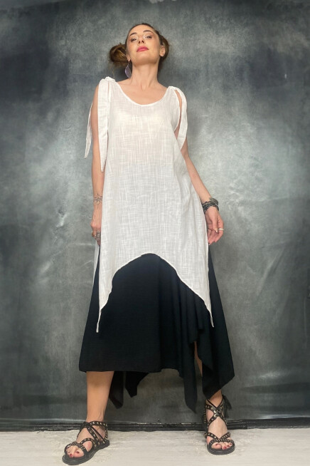 ASİMETRİK KESİM BAĞCIK ASKILI PAMUKLU TUNİK