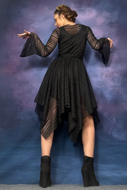 ASİMETRİK KESİM DANTEL İSPANYOL KOL ELBİSE SİYAH