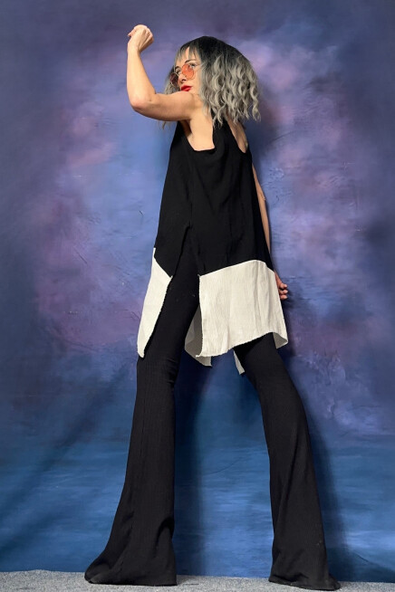 Bambu Askılı Siyah Beyaz Asimetrik Tunik