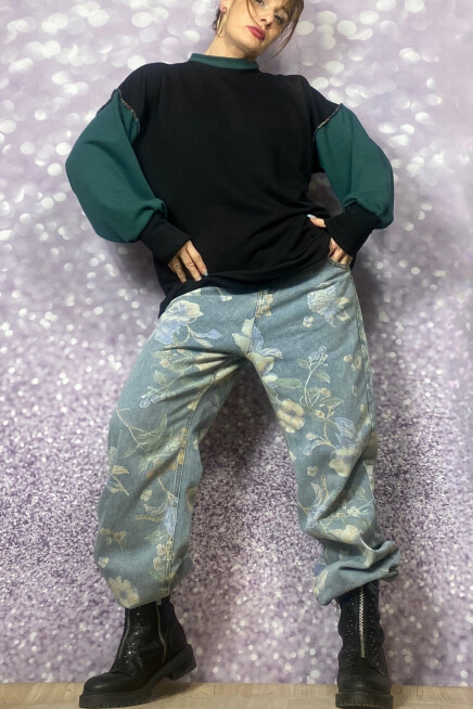 BİSİKLET YAKA BLOK RENK YEŞİL SİYAH SWEATSHİRT