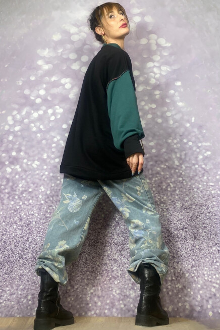 BİSİKLET YAKA BLOK RENK YEŞİL SİYAH SWEATSHİRT