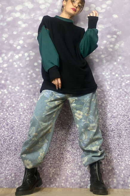 BİSİKLET YAKA BLOK RENK YEŞİL SİYAH SWEATSHİRT