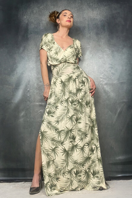 DESENLİ MAXİ UZUN YIRTMAÇLI YEŞİL ELBİSE