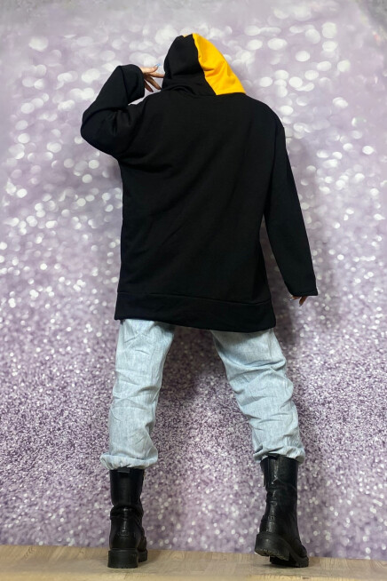 KAPŞONLU CEPLİ SARI SİYAH OVERSİZE SWEATSHİRT