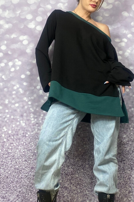 OVERSİZE GENİŞ YAKA YEŞİL SİYAH SWEATSHİRT