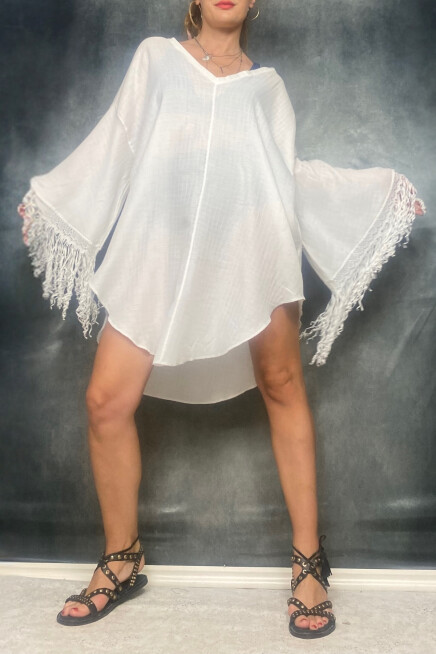 PÜSKÜL KOL DETAY V YAKA PAMUK PANÇO PLAJ