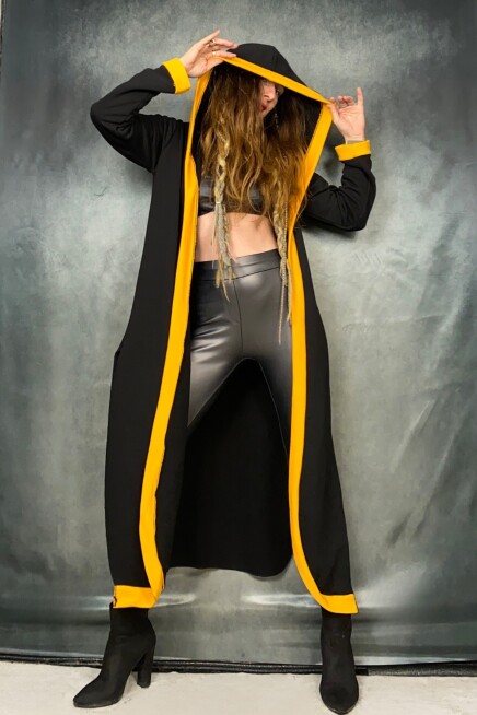 Sarı Şeritli Maxi Kapşonlu Hırka