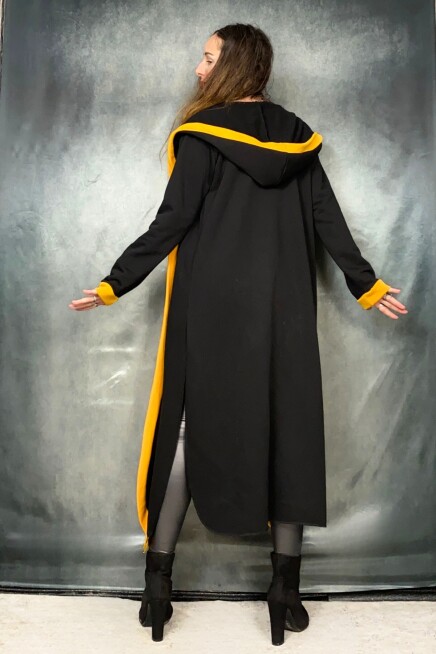 Sarı Şeritli Maxi Kapşonlu Hırka