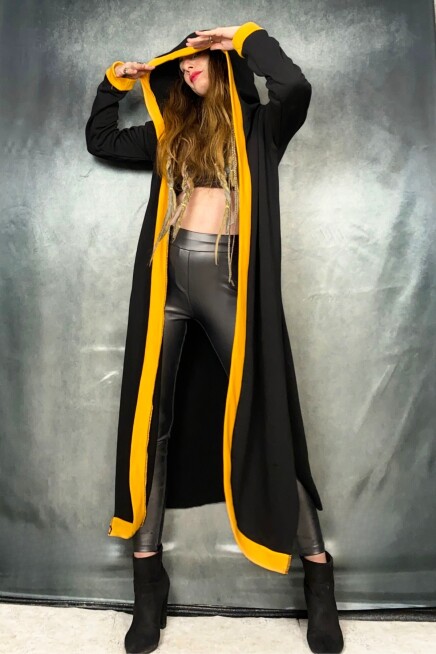 Sarı Şeritli Maxi Kapşonlu Hırka