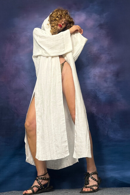 BAMBU BEYAZ KAPŞONLU PLAJ KİMONO HIRKA