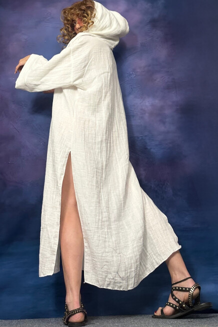 BAMBU BEYAZ KAPŞONLU PLAJ KİMONO HIRKA