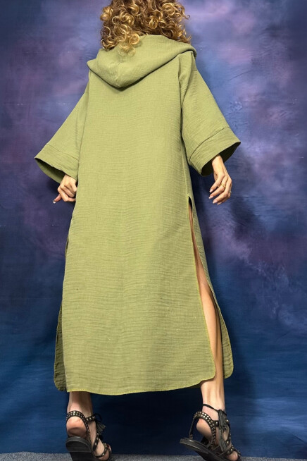 BAMBU YEŞİL KAPŞONLU PLAJ KİMONO HIRKA