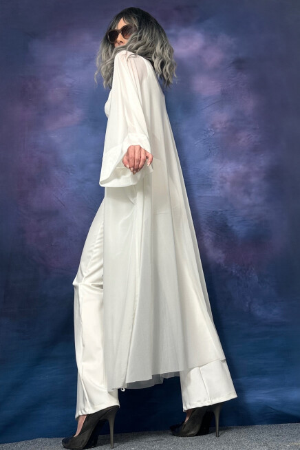 TÜL TRANSPARAN EKRU KİMONO HIRKA