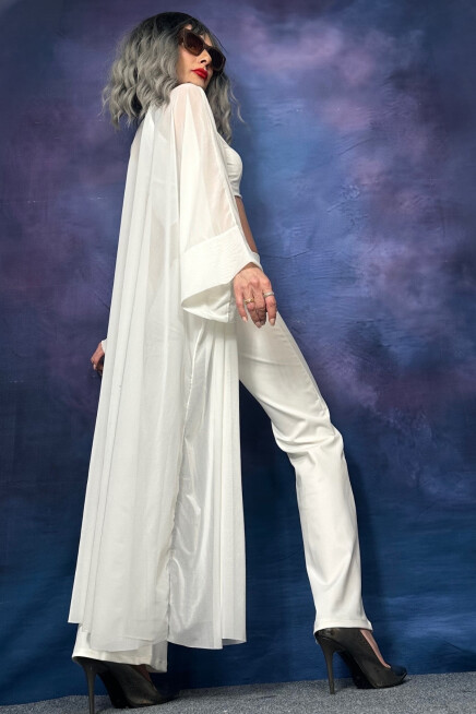 TÜL TRANSPARAN EKRU KİMONO HIRKA