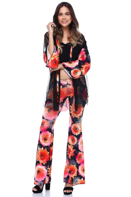 ÇİÇEK DESENLİ TÜL DETAYLI KİMONO  