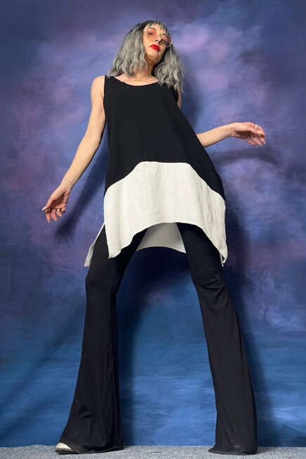 Bambu Askılı Siyah Beyaz Asimetrik Tunik