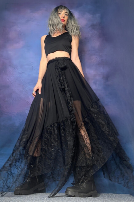 DANTEL ASİMETRİK SİYAH ETEK