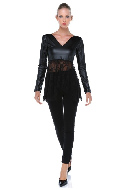 DANTEL DETAYLI DERİ BLUZ  