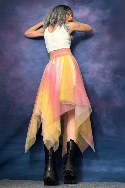 GÖKKUŞAĞI DEGRADE TÜLLÜ ASİMETRİK ETEK