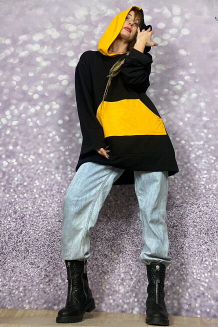 KAPŞONLU CEPLİ SARI SİYAH OVERSİZE SWEATSHİRT