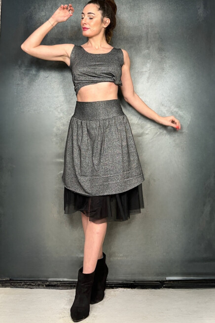 PIRILTILI TÜL DETAYLI MİNİ LİKRALI LAME GÜMÜŞ ETEK