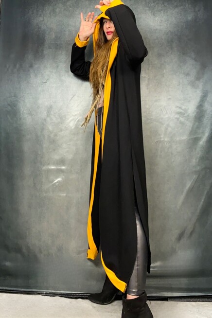 Sarı Şeritli Maxi Kapşonlu Hırka