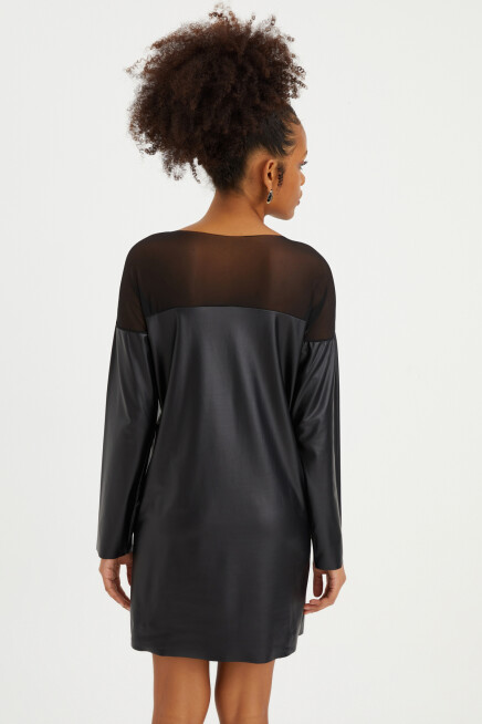 TÜL DETAY DERİ ELBİSE 