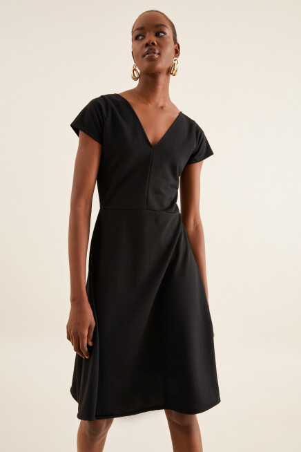 V YAKA MİDİ ELBİSE