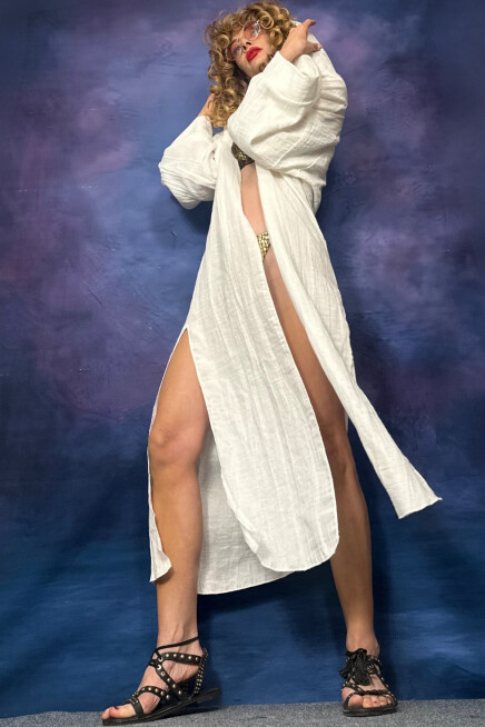 BAMBU BEYAZ KAPŞONLU PLAJ KİMONO HIRKA