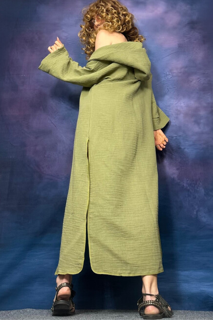 BAMBU YEŞİL KAPŞONLU PLAJ KİMONO HIRKA