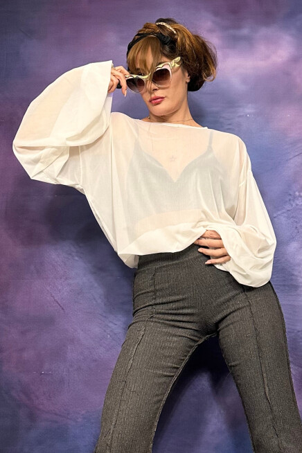 TRANSPARAN EKRU TÜL BLUZ