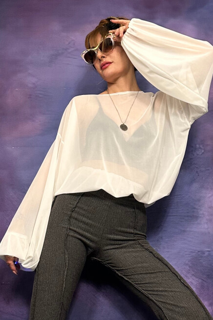 TRANSPARAN EKRU TÜL BLUZ