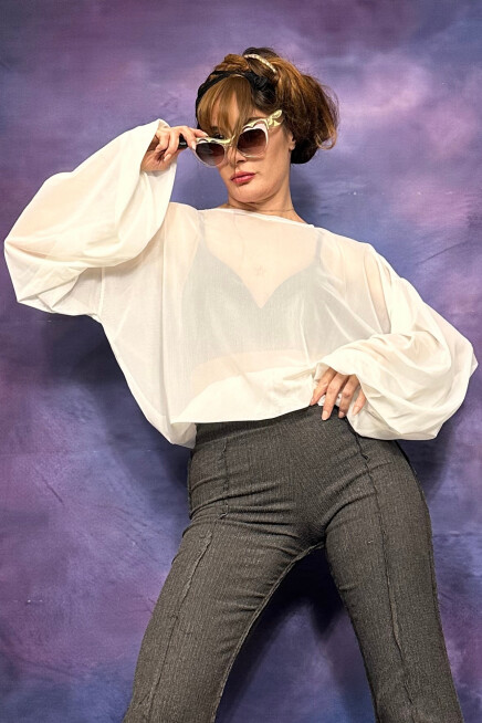 TRANSPARAN EKRU TÜL BLUZ