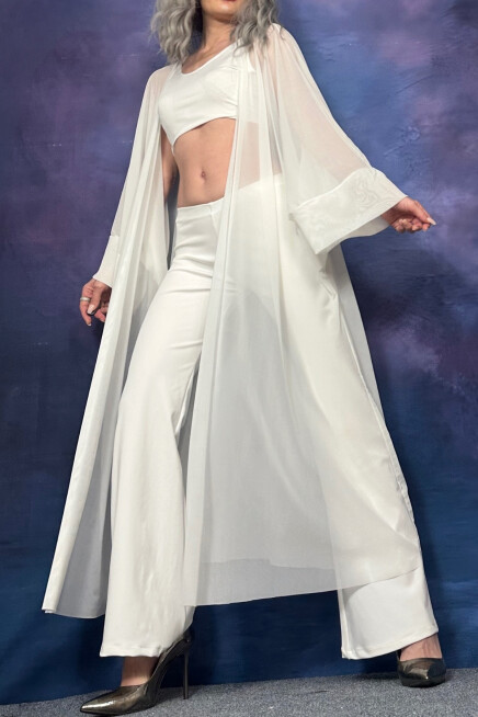 TÜL TRANSPARAN EKRU KİMONO HIRKA